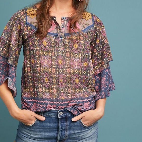 🆕️ Anthropologie Embroidered Floral Tiered Sleeve Boho Blouse Size Small - Picture 7 of 12